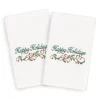 Linum Home Textiles Christmas 2-pack Happy Holidays Embroidered Luxury Turkish Cotton Hand Towels -Camden Isle Sales Shop 4130546 White
