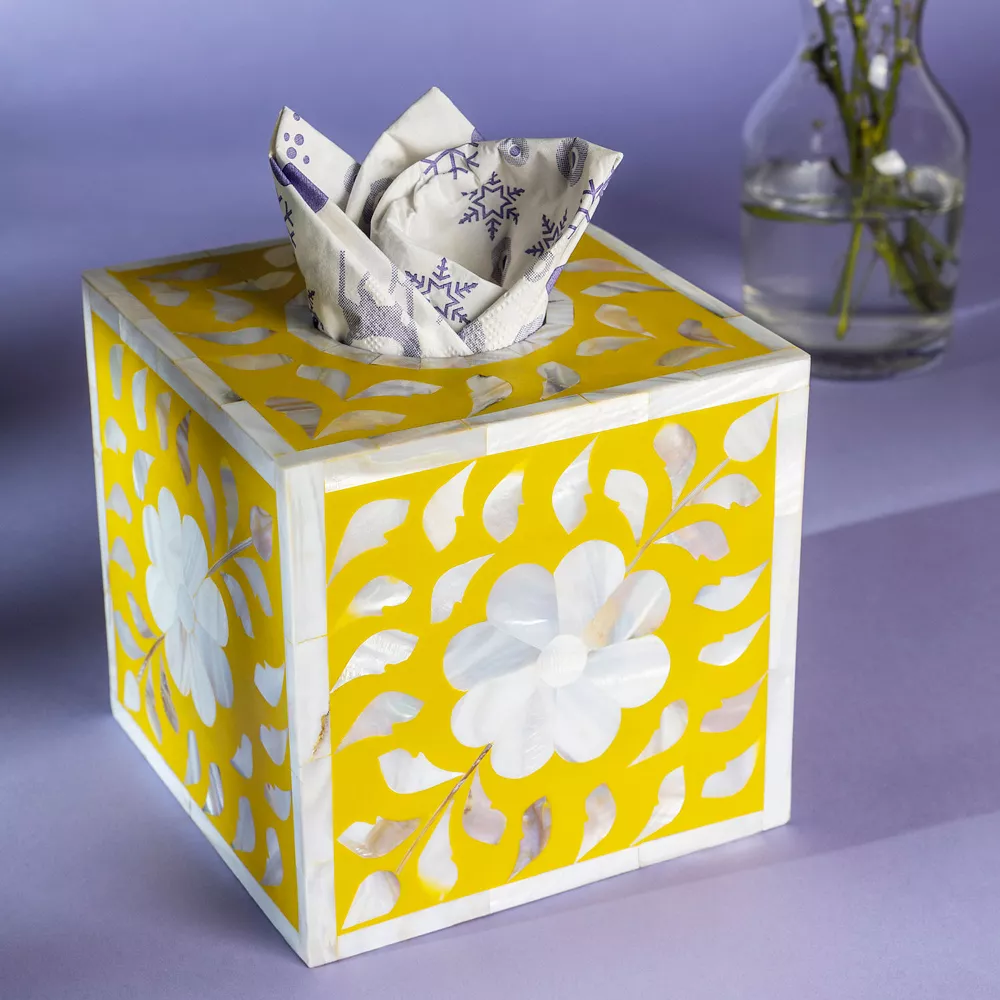 GAURI KOHLI Jodhpur Mother Of Pearl Tissue Box Cover - Mustard 4 GAURI KOHLI Jodhpur Mother Of Pearl Tissue Box Cover - Mustard - Image 2