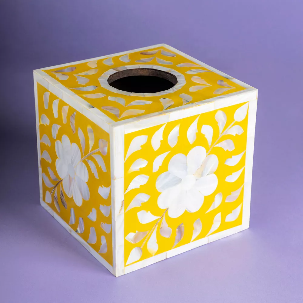 GAURI KOHLI Jodhpur Mother Of Pearl Tissue Box Cover - Mustard 5 GAURI KOHLI Jodhpur Mother Of Pearl Tissue Box Cover - Mustard - Image 3