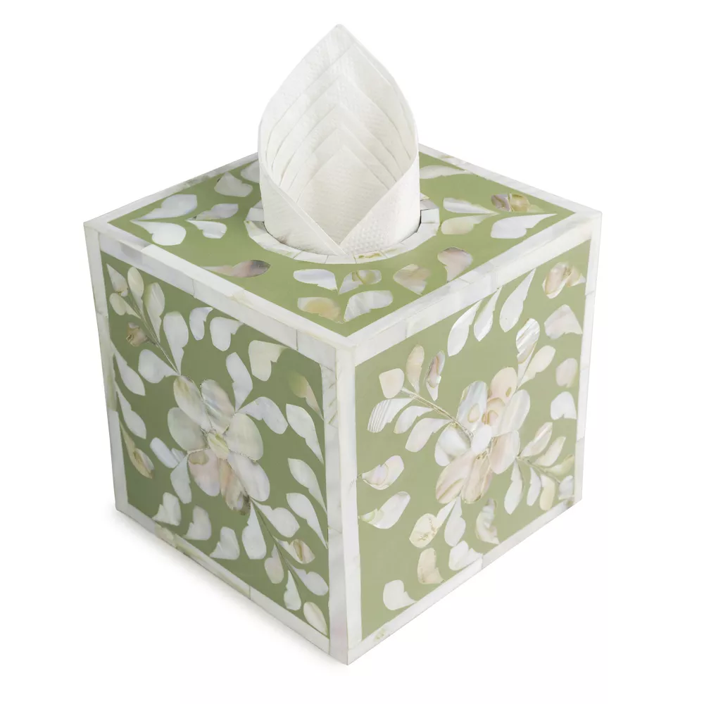 GAURI KOHLI Jodhpur Mother Of Pearl Tissue Box Cover - Olive 3 GAURI KOHLI Jodhpur Mother Of Pearl Tissue Box Cover - Olive