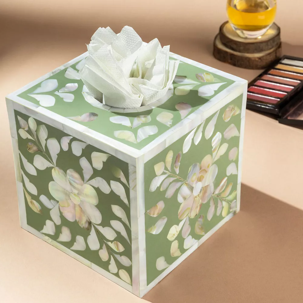 GAURI KOHLI Jodhpur Mother Of Pearl Tissue Box Cover - Olive 4 GAURI KOHLI Jodhpur Mother Of Pearl Tissue Box Cover - Olive - Image 2