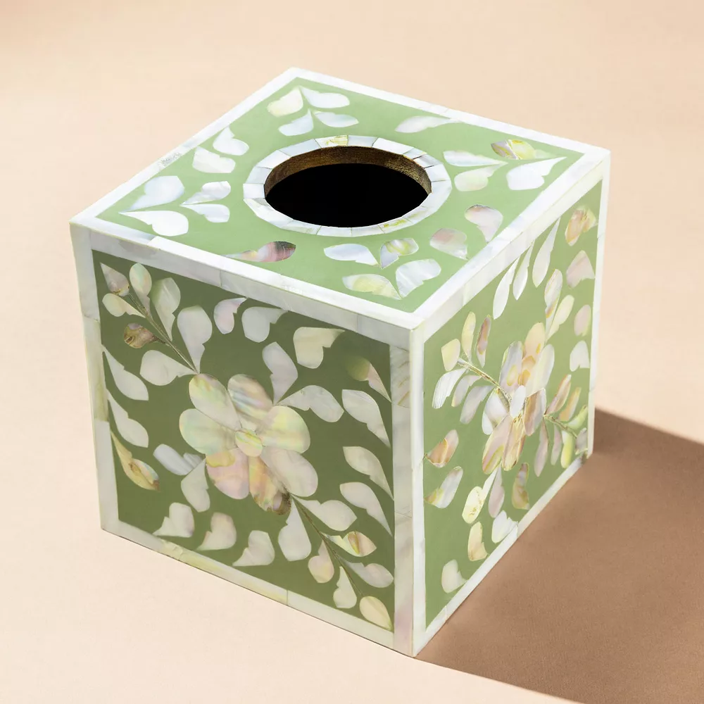 GAURI KOHLI Jodhpur Mother Of Pearl Tissue Box Cover - Olive 5 GAURI KOHLI Jodhpur Mother Of Pearl Tissue Box Cover - Olive - Image 3