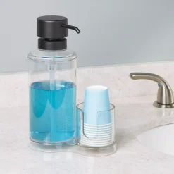 MDesign Plastic Refillable Mouthwash Dispenser/Cup Organizer - Clear/ Brushed -Camden Isle Sales Shop 6121176 ALT