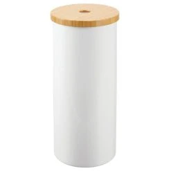 MDesign Free Standing Toilet Paper Holder, Wood Lid - White/Natural