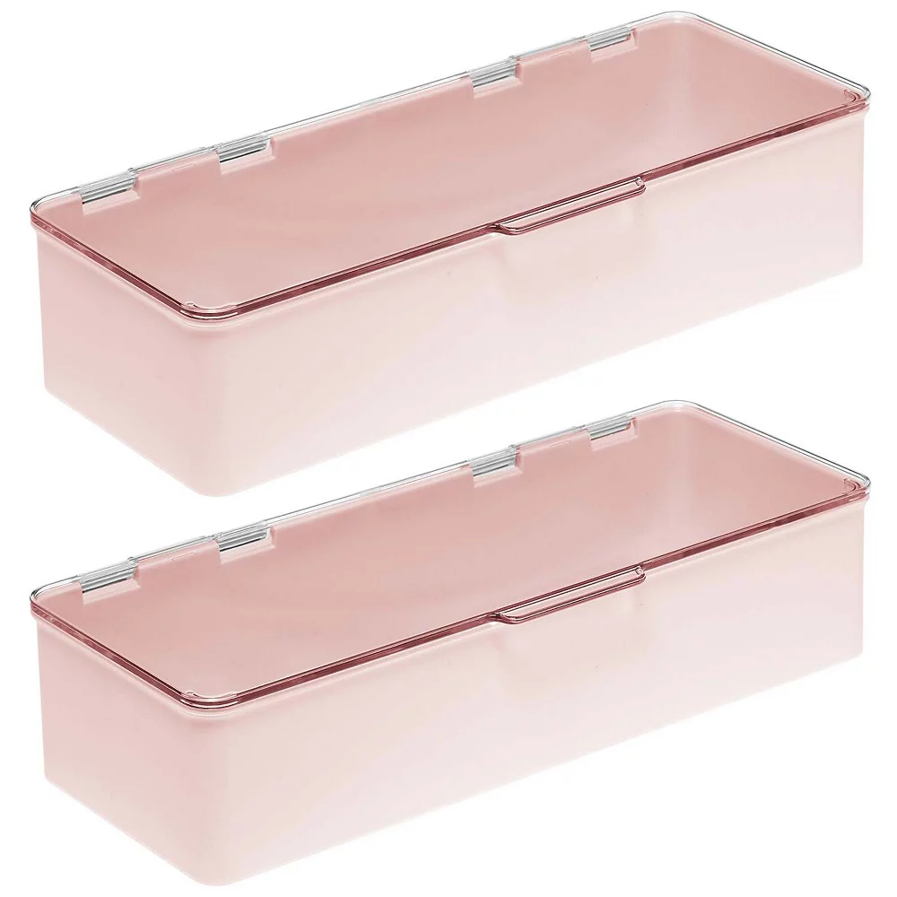 MDesign Long Plastic Cosmetic Storage Box, Hinged Lid, 2 Pack, Light Pink/Clear 3 MDesign Long Plastic Cosmetic Storage Box, Hinged Lid, 2 Pack, Light Pink/Clear