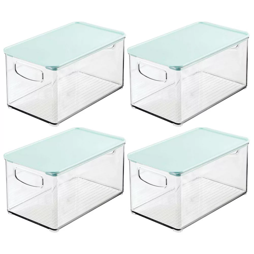 MDesign Deep Plastic Bathroom Storage Box, Lid/Handles, 4 Pack, Clear/Mint Green 3 MDesign Deep Plastic Bathroom Storage Box, Lid/Handles, 4 Pack, Clear/Mint Green