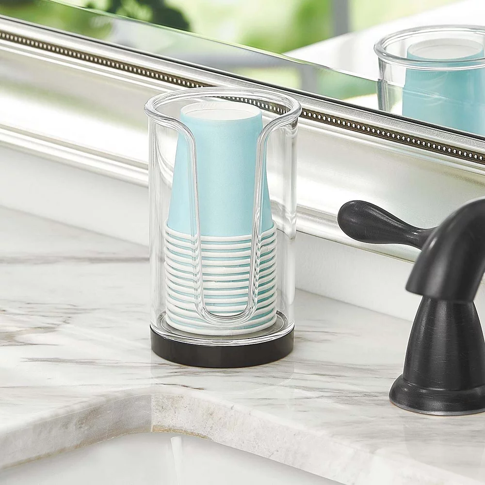 MDesign Plastic Small Bathroom Disposable Paper Cup Dispenser -Clear/Rose Gold 4 MDesign Plastic Small Bathroom Disposable Paper Cup Dispenser -Clear/Rose Gold - Image 2