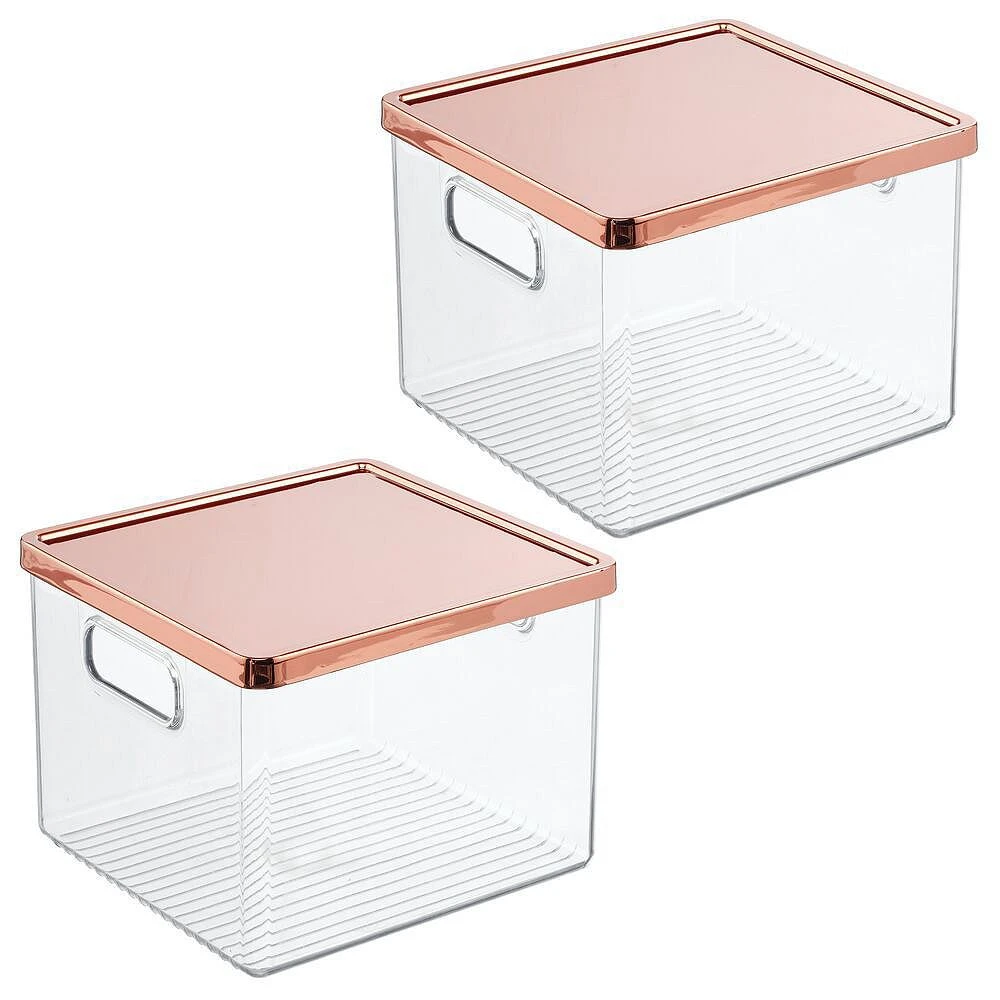 MDesign Storage Bin With Steel Lid For Bathroom - 2 Pack - Clear/Rose Gold 3 MDesign Storage Bin With Steel Lid For Bathroom - 2 Pack - Clear/Rose Gold
